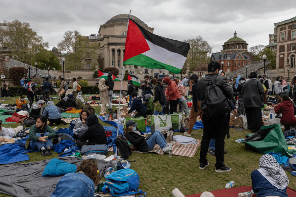 Students occupy the campus ground of Columbia University in support of Palestinians in New York City, on April 19, 2024.Alex Kent — AFP/Getty Images